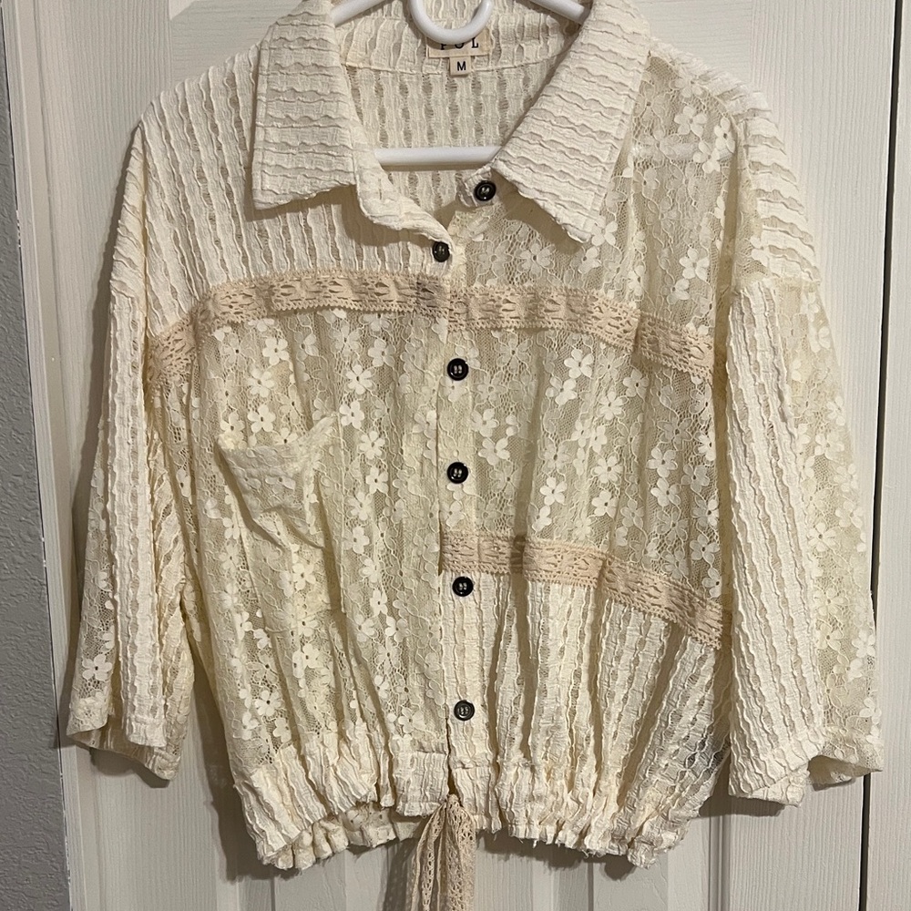 POL Cream Lace Button-Up Blouse jacket